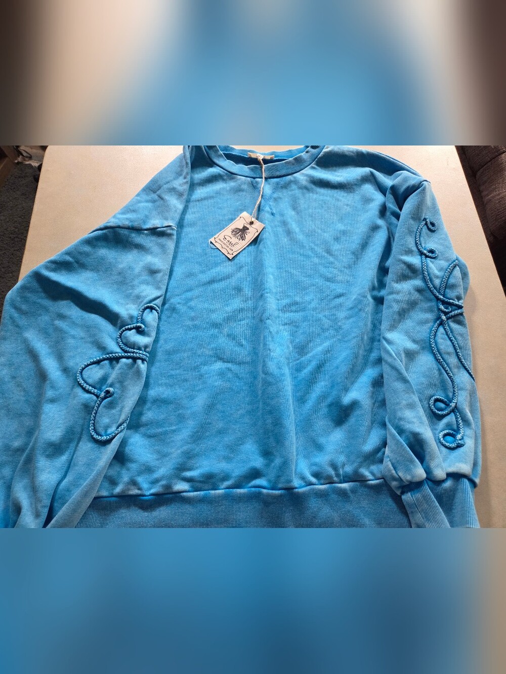 NWT EASEL MISSES SZ MED acid-washed Blue Crewneck Sweatshirt W/ Braid Trim